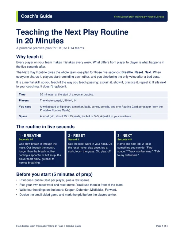 First page of the Coach's Guide: a minute-by-minute plan for a 20-minute team session.