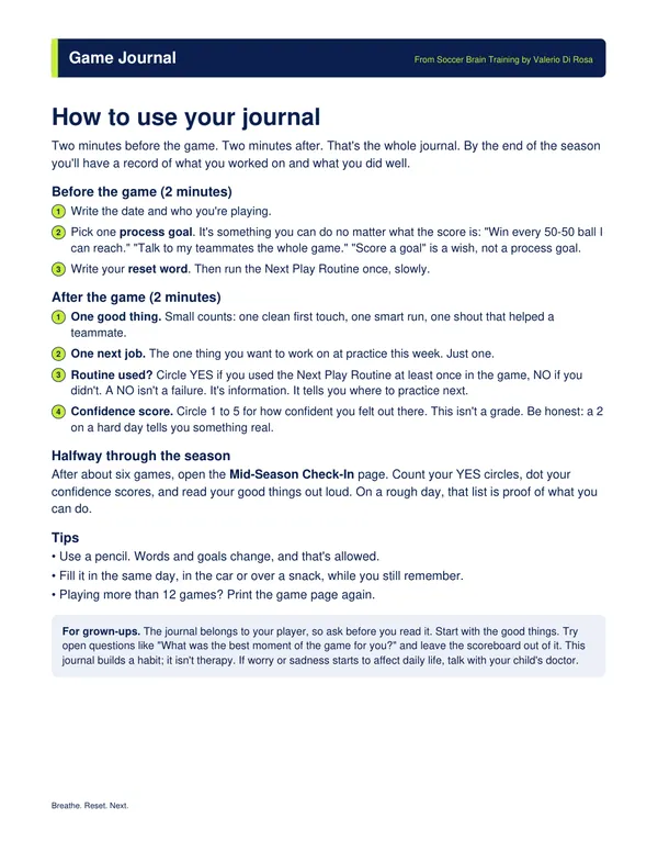 First page of the Game Journal: instructions for the before-game and after-game pages.