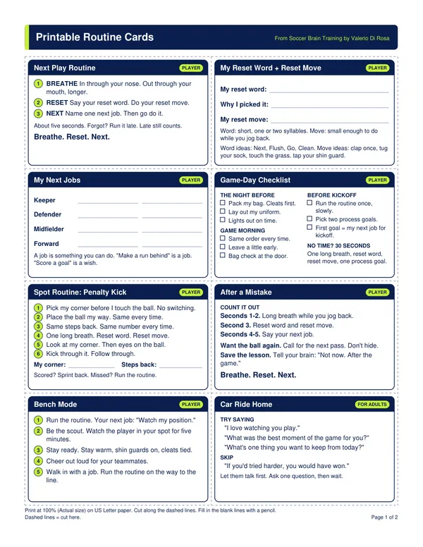 First page of the Printable Routine Cards: pocket-size cards with the three steps Breathe, Reset, Next.